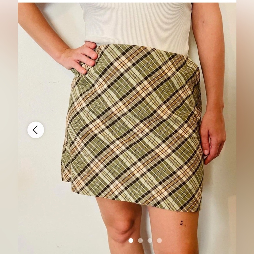 2001 Old Navy Y2K Mini Skirt 14 Green Orange Brown Plaid Schoolgirl Academia